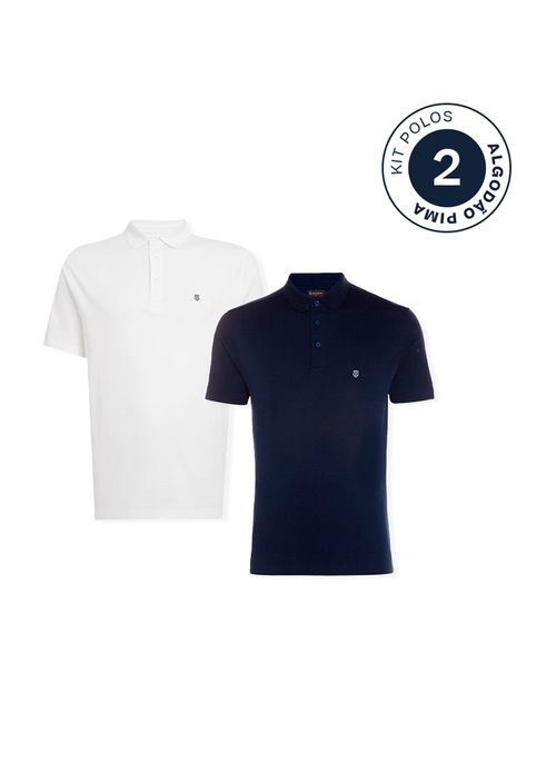 Kit 2 Polos Slim Pima Branca e Azul Masculina Individual