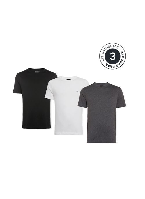 Kit 3 Camisetas Slim Pima Branco Preto Cinza Masculina Individual