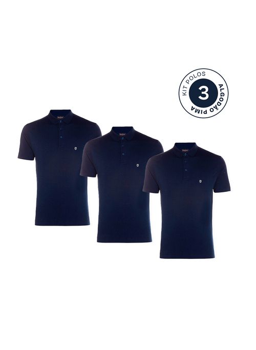 Kit 3 Polos Slim Pima Azul Marinho Masculina Individual