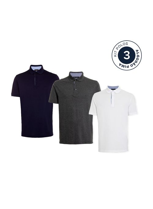 Kit 3 Polos Comfort Pima Branco Cinza Azul Masculina Individual